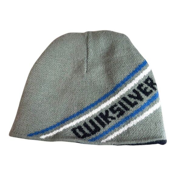 Quiksilver Reversible Knit Beanie Hat Grey Black Blue Striped Logo Surfer Adults - Picture 2 of 8